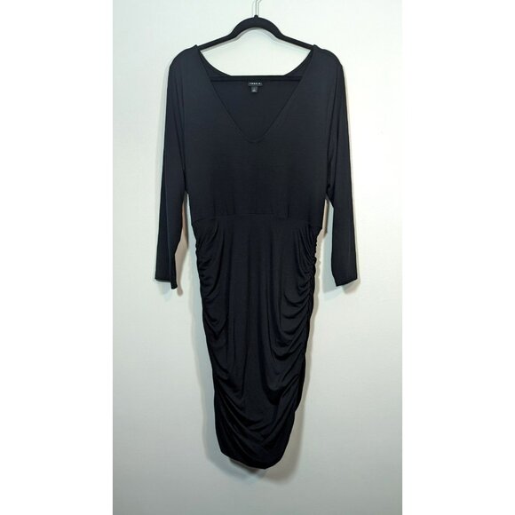 Torrid Black Ruched Bodycon Dress 1X Midi V-Neck 3/4 Sleeve Stretchy Plus Size - Picture 1 of 8